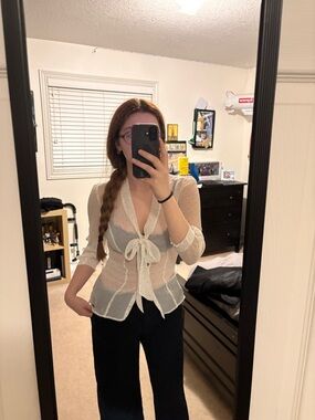 Sheer White Tie-Front Polka Dot Blouse